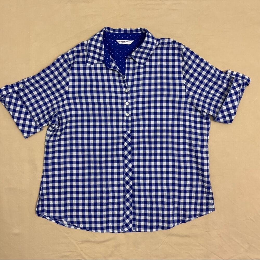 Allison Daley Women's Blue White Gingham Short Sleeve Blouse Size Large Petite